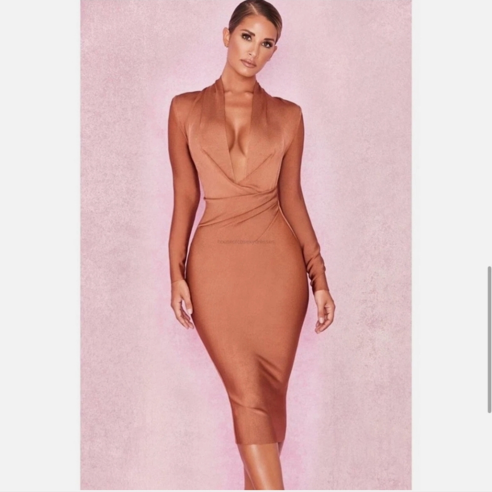 House Of CB Franchesca XS Rust Long Sleeve Bodycon Dress for Night Out